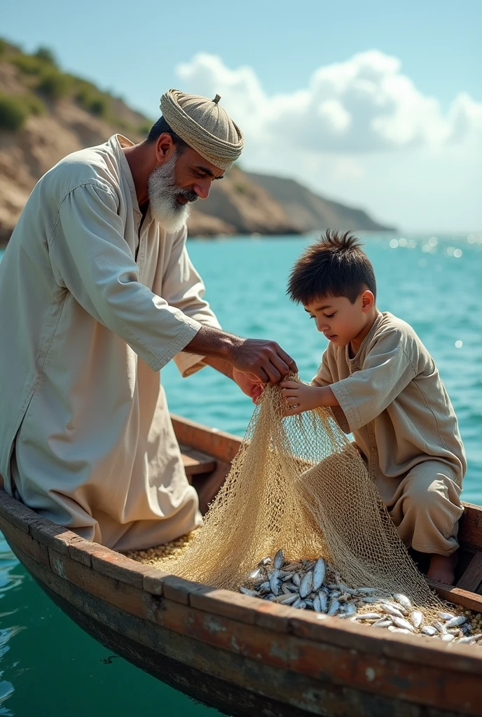 The boy helps his Muslim father remove small fish from the net on the boat.