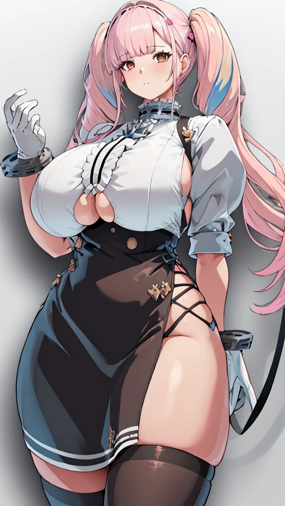 High detailed, masterpiece, High detailed, 1 girl, solo, pale pink hair, twintails, Brown eyes, big busty, firm chunky body white shirt, , deep cleavage, Juliet sleeves, pencil skirt, black thighhighs, white gloves, tall, Very prideful expression 