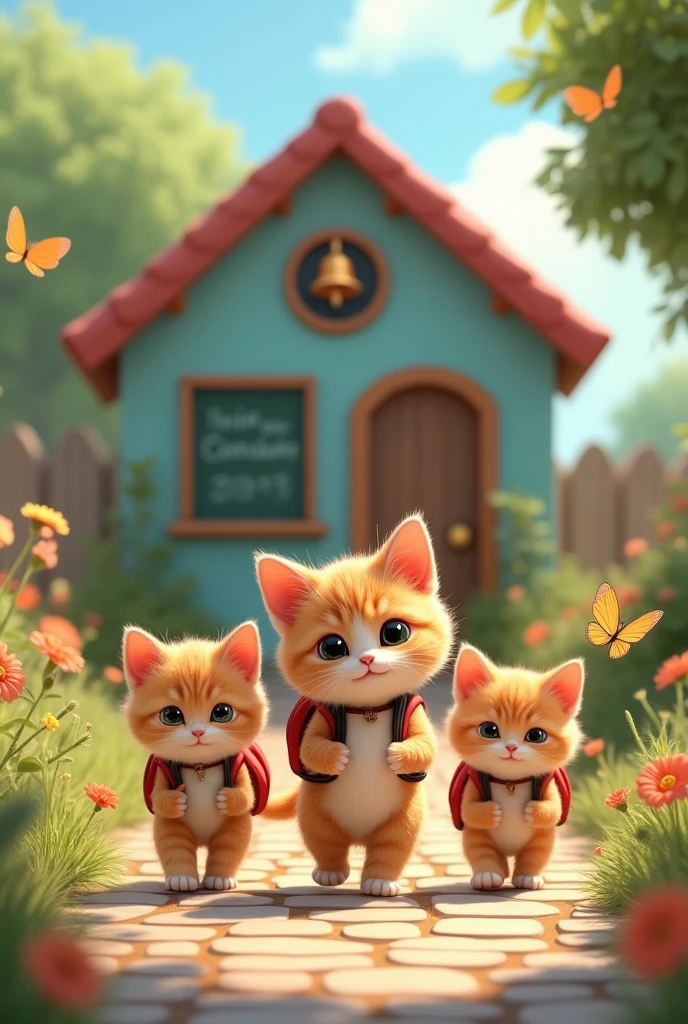 Baby kittens going to school accompanied by their mommy