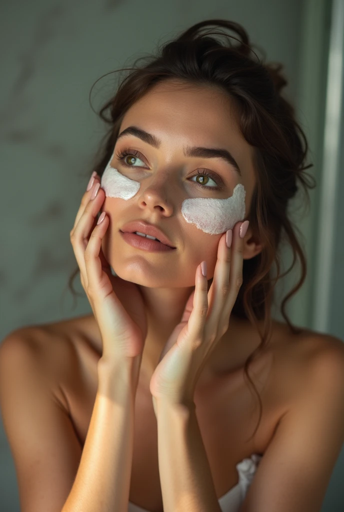 color photo of woman applying targeted skin treatment,
focused on skincare routine, specific products for skin concerns,
context of nighttime skincare regimen, bathroom setting,
feeling of self-improvement, dedication, rejuvenation,
camera settings: Sony Alpha 7S III, Kodak Tri-X 400 film, 35mm lens, overhead shot photography techniques,
directors: Quentin Tarantino, Christopher Nolan, cinematographers: Roger Deakins, Emmanuel Lubezki, photographers: Annie Leibovitz, Helmut Newton, fashion designers: Chanel, Gucci, Givenchy