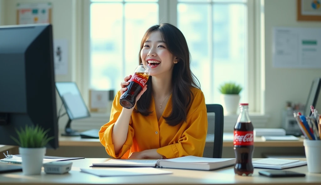 A happy Korean woman,  excitedly drinks Coca-Cola at an office, desk, in the workplace, sitting at a desk with a computer and many documents on it, in daylight, cool light, 