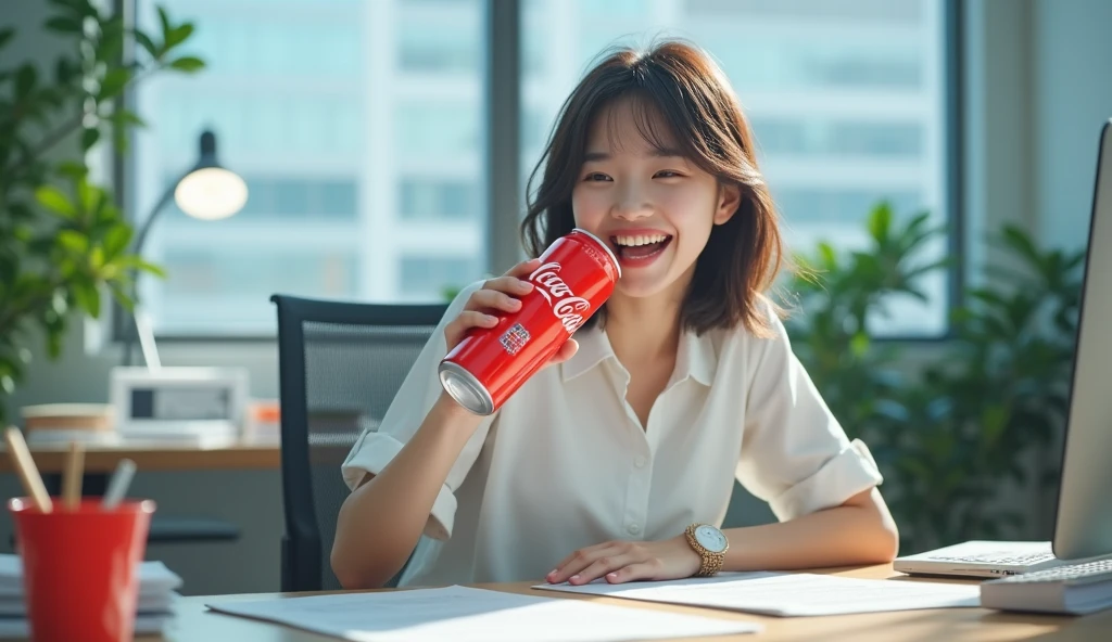 A happy Korean woman, excitedly drinks Coca-Cola at an office, desk, in the workplace, sitting at a desk with a computer and many documents on it, in daylight, cool light,