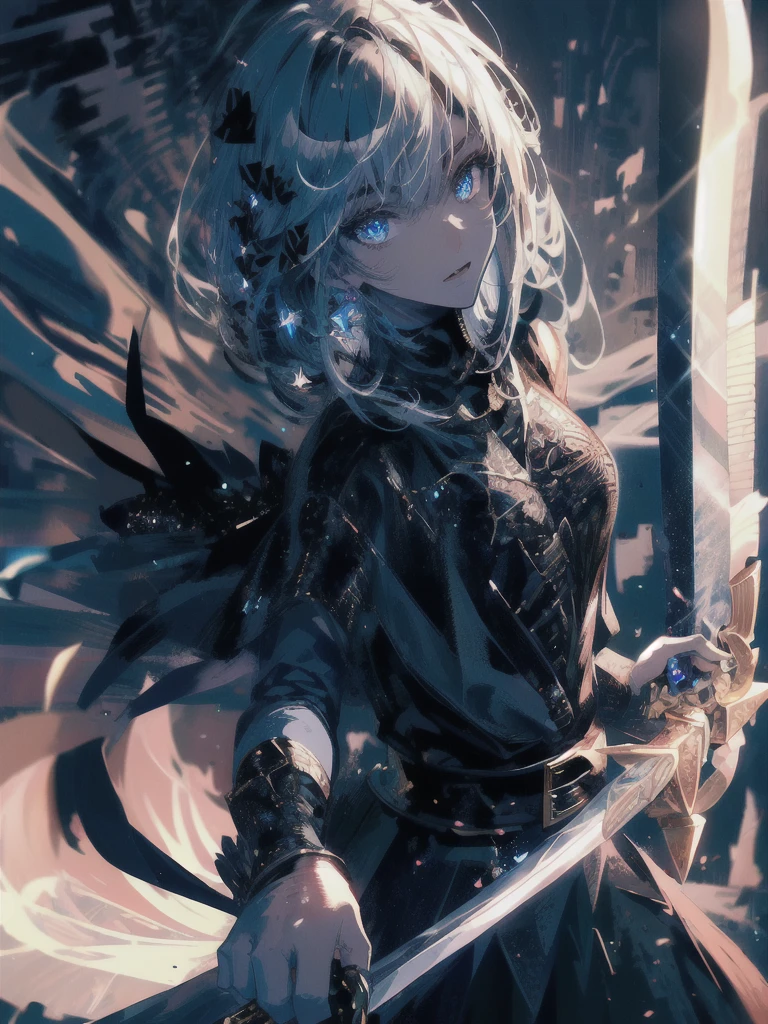 Holding a one-handed sword、Please take the black sword.、((masterpiece, highest quality, Super detailed, High resolution)), alone, beautiful girl, shining eyes, perfect eyes, 15 years old, black white gold theme,