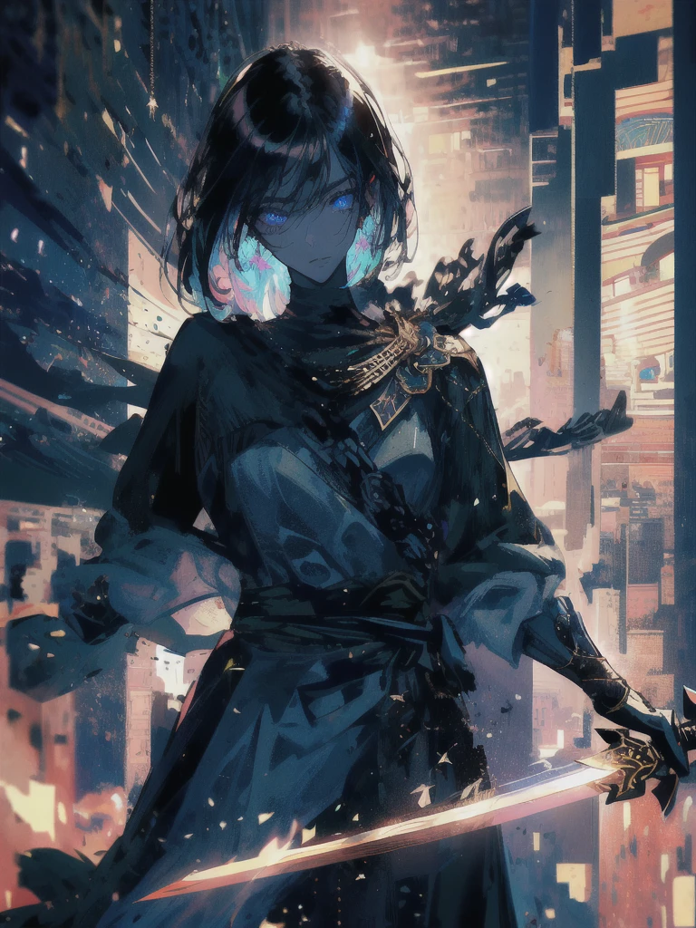 Holding a one-handed sword、Please take the black sword.、((masterpiece, highest quality, Super detailed, High resolution)), alone, beautiful girl, shining eyes, perfect eyes, 15 years old, black white gold theme,