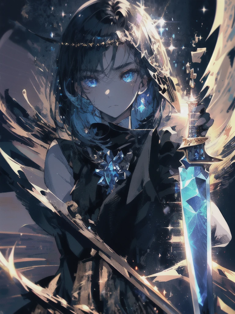 Holding a one-handed sword、Please take the black sword.、((masterpiece, highest quality, Super detailed, High resolution)), alone, beautiful girl, shining eyes, perfect eyes, , black white gold theme,