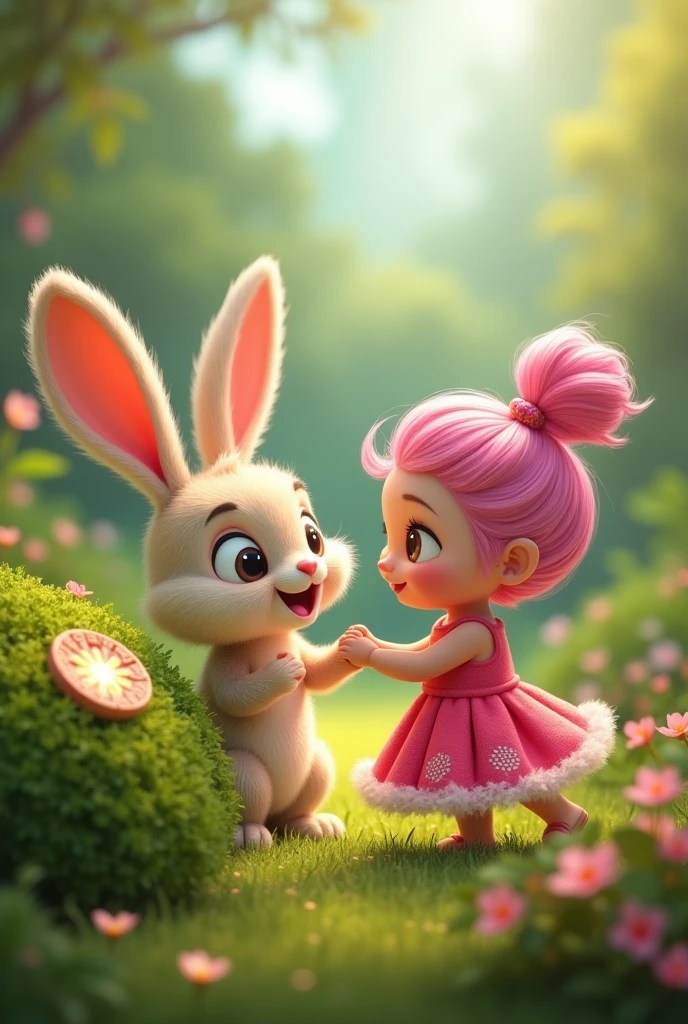Bun Bun the bunny is sitting next to Princess Pip, Princess Pip, a with a big smile and a bright pink dress, and pink shirt hair. Bun Bun looking up at her with big, brown eyes. He points his nose towards a bush., and found Princess Pip big, sparkly button behind the bush.