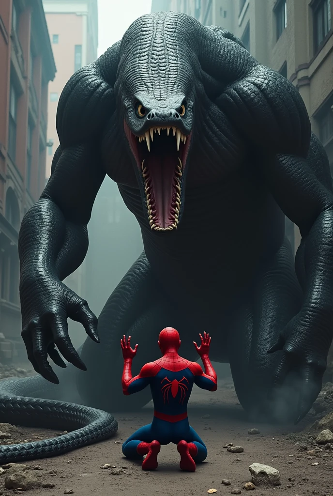 Spider-Man afraid from very big anaconda and Spiderman kneeling down in front of a very big black anaconda and raise his hands in fear