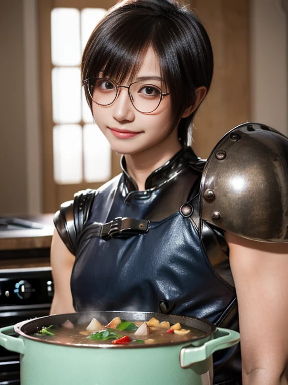 20 year old Japanese beauty,One person、Muscular body like a bodybuilder、Emphasize the breasts、Slit eyes、A head-to-toe view,Bust is very very large、The background is a medieval European kitchen、High quality photos、Clear, crisp images of the lower body、Masterpiece 8k、Ecstatic face、Wearing Japan armor、Stirring a pot of stew on the stove、Wearing glasses、Yuffie Kisaragi from FF7、