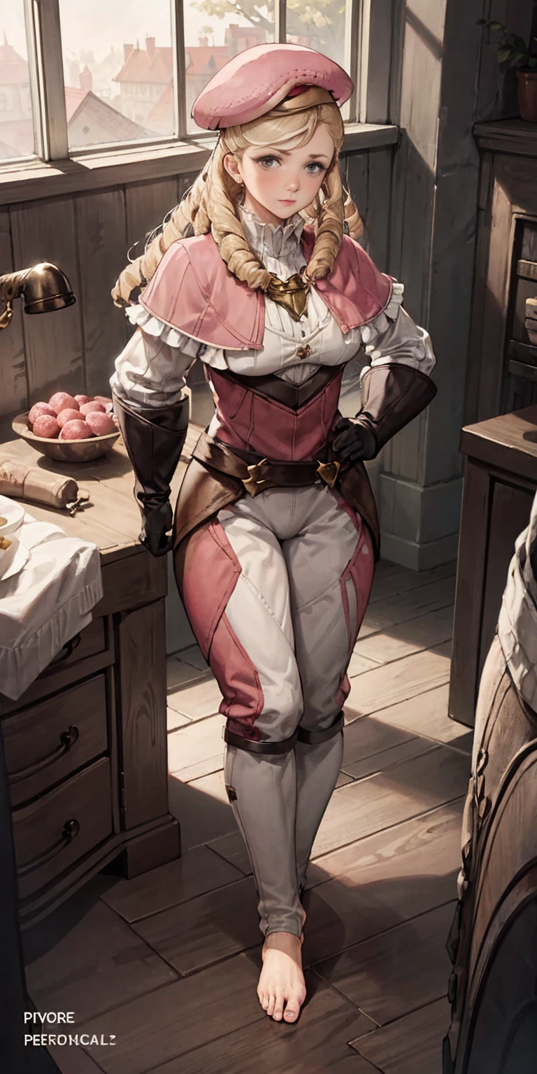 masterpiece, best quality, full body, barefoot, solo, female, big breast, feforrest, beret, pink capelet, pink tunic, white pants, brown gloves, upper body, looking at viewer, shy, from above, mansion, room, finely decorated room, pink theme, big breast but cover, hands to hip