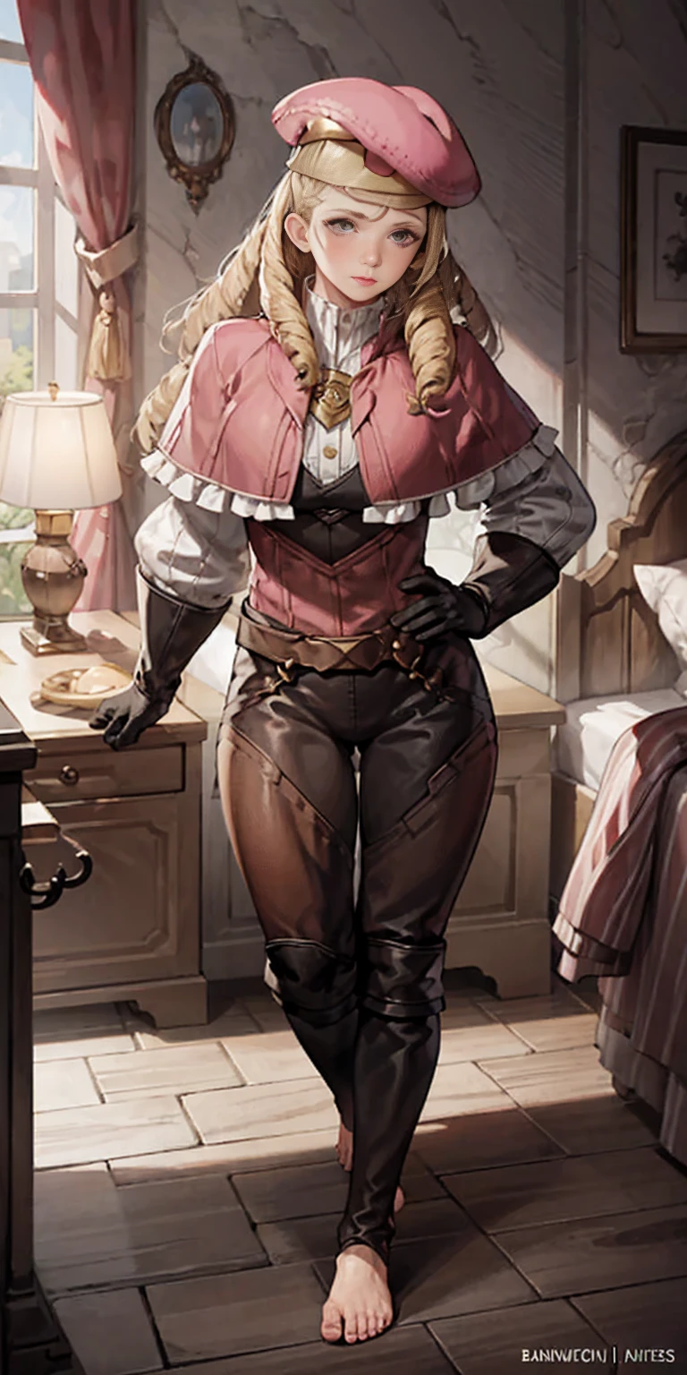 masterpiece, best quality, full body, barefoot, solo, female, big breast, feforrest, beret, pink capelet, pink tunic, white pants, brown gloves, upper body, looking at viewer, shy, from above, mansion, room, finely decorated room, pink theme, big breast but cover, hands to hip