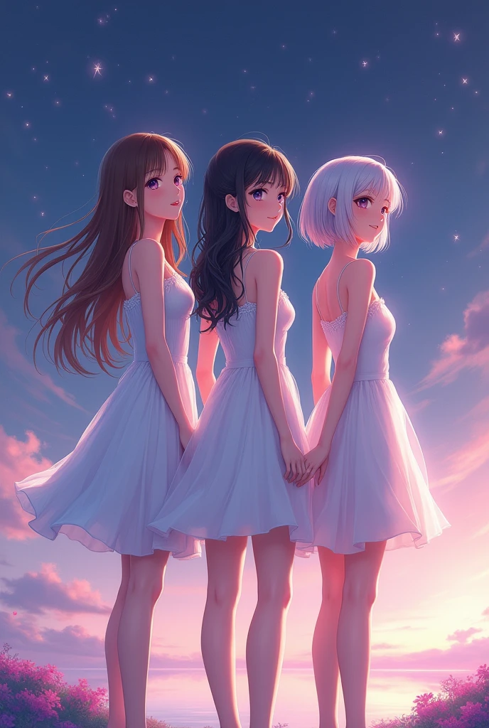 Three real realistic anime ladies standing backwards looking backwards , wearing pretty white dresses, first one has long hair, second one has braids, third one has short hair, the background is pastel purple/dark blue with stars