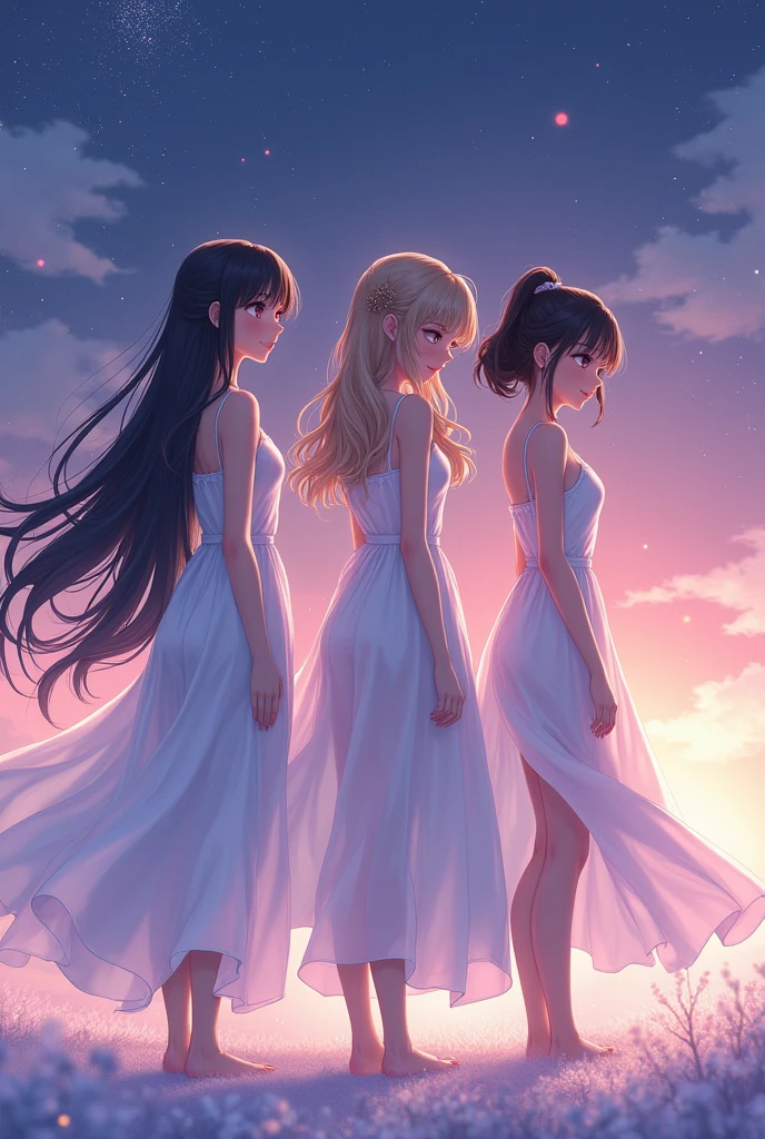 Three real realistic anime ladies standing backwards looking backwards , wearing pretty white dresses, first one has long hair, second one has braids, third one has short hair, the background is pastel purple/dark blue with stars