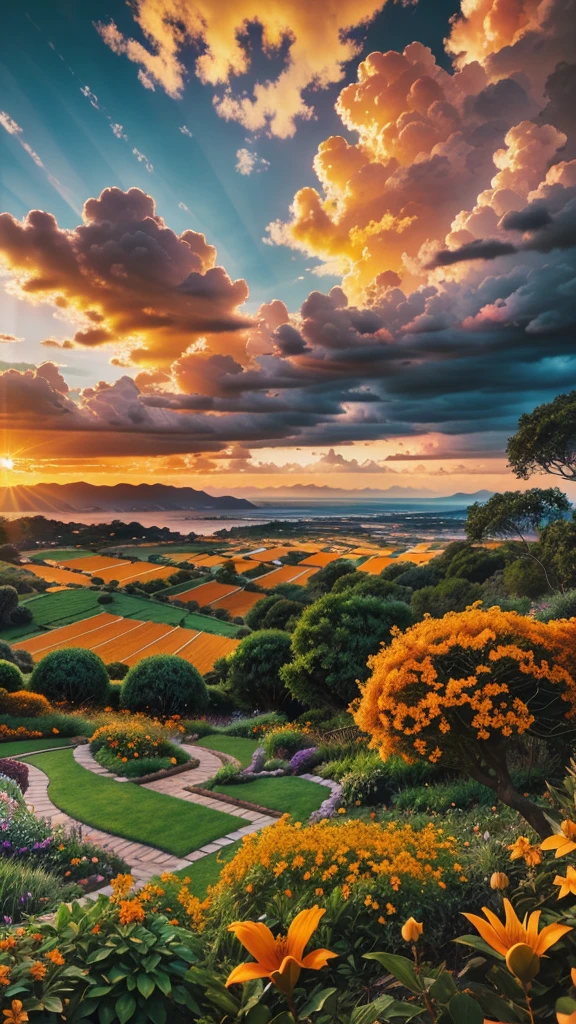 a beautiful lush garden, orange flowers in bloom, serene and peaceful landscape, dynamic lighting, dramatic sky with clouds, ultra-detailed, photorealistic, 8k, highly detailed, masterpiece, vibrant colors, warm color tones, natural lighting, stunning scenery, breathtaking vista, cinematic composition, environmental portrait