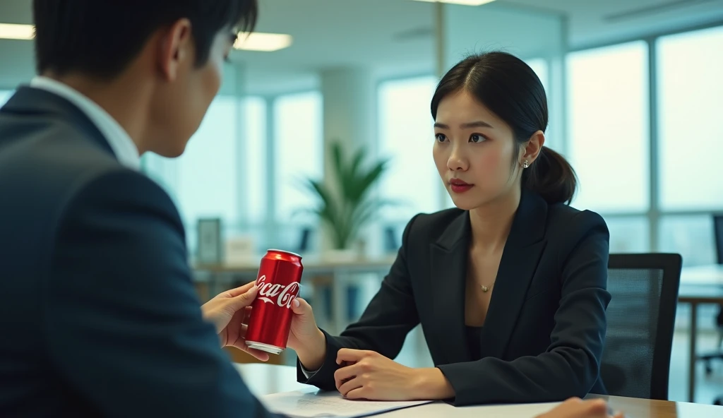 portrait of a Korean beautiful woman and a man, in office, The boy gave the girl a can of coca-cola, the girl was surprised, daylight, cool light, professional image, professional picture, high quality portrait, photo portrait, an epic non - binary model, professional portrait, photo still, color portrait, creative coder with a computer, cinematic lens , photography , her face is grimace, looking at documents,
