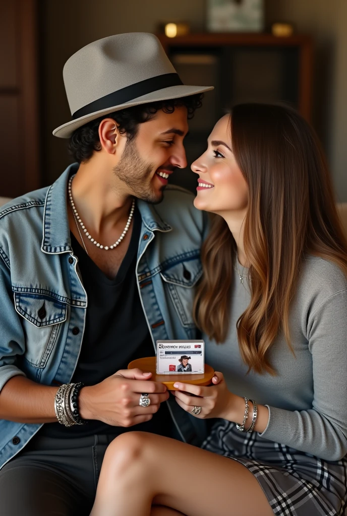 life project work
print image, part of the clip with
2 people , Bruno Mars and he is wearing a small gray hat with a black stripe , a gray denim jacket , black bead bracelet and a wide silver bracelet on his left arm , on his right hand he is wearing a silver ring on his index finger , he is wearing a black shirt under the jacket and a white necklace around his neck . He is with a beautiful woman who has straight brown hair her eyes are light brown , His shirt is white ,she is wearing a gray plaid skirt she is wearing a ring on her left hand and two bracelets on her right arm , they are next to each other looking at each other with a look of chemistry and love in a living room , in front of her there is a small table with a cassette tape and its tapes are illustrating on the table the image of Bruno Mars with a hat and the caption on the image “Cause you're amazing, just the way you are”