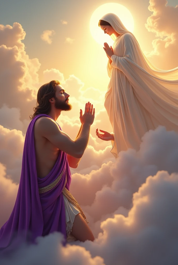 (photorealism:1.2), handsome and hunk Jesus Christ, kneel and kissing  the foot of virgin Mary floating from the heaven that sorrounded of many clouds, wearing and cover his body of the elegant purple gown of the king sorrounded of many diamonds with light in his head and heart spreading all over, the eyes is close while praying, real five finger, real feet, real beautiful hair, real image, heaven outdoors, bright lighting, clouds in background, beautiful light, real heaven and clouds, relaxed pose, realistic, intricate details, bright colors,