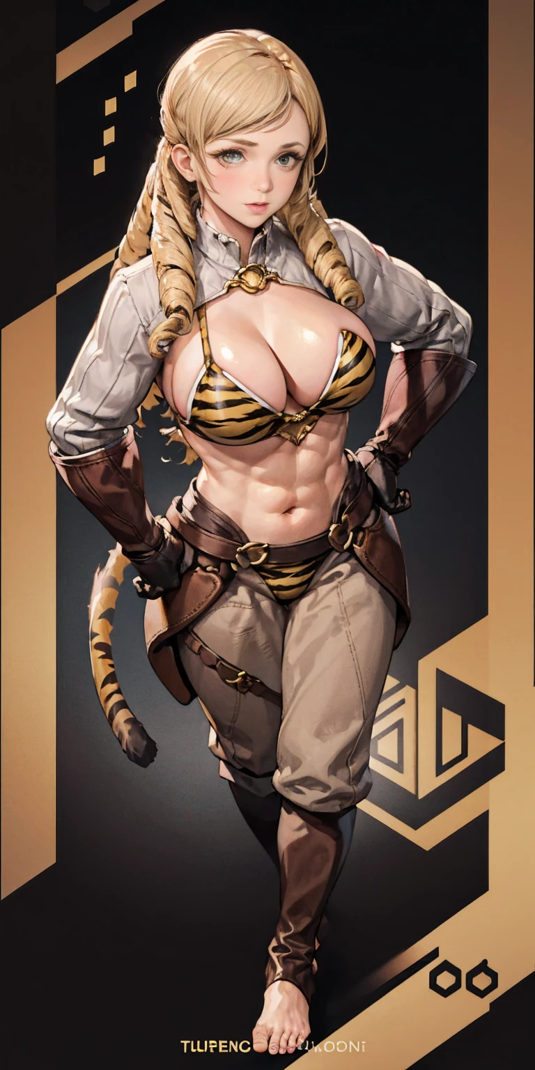 masterpiece, best quality, full body, barefoot, solo, female, big , feforrest, pink tunic, brown gloves, upper body, looking at viewer, shy, from above, big breastover, hands to hip, yellow tiger bikini