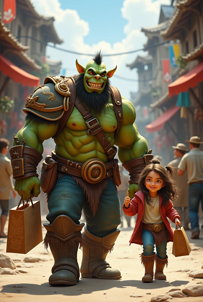 A 4 wallpaper:3 in which a family of orcs appears walking happily with shopping bags, There must be an orc father in the picture, an orc daughter and an orc son