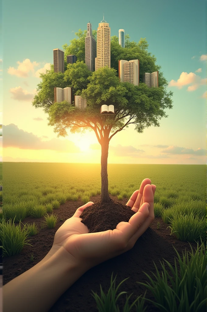 a fertile field under a clear sky. In the foreground, a hand is planting seeds in the earth. As the seeds touch the ground, transform into open books, Trees and buildings . on the horizon, a bright rising sun is seen symbolizing the future. 