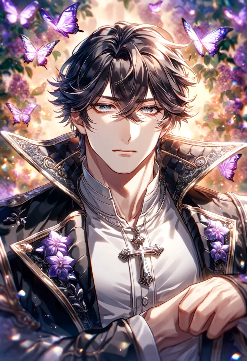 absurdres, highres, ultra detailed, HDR, master piece, best quality, extremely detailed, delicated features, Ruka Kurosuzeria, medium-length black hair, hair that parts just above his left eye, hair between the eyes, expressive gray eyes, Uragiri Was Boku No Namae O Shitteiru, mature face, solo, sexy man, handsome, sensual, black coat, sleeveless, white shirt with high collar, unbuttoned shirt, black gloves, cross necklace, silver accessories, black belts, fantasy, magical, radiant, dust, purple flames, purple moon, purple flowers, purple butterflies, garden, demon race