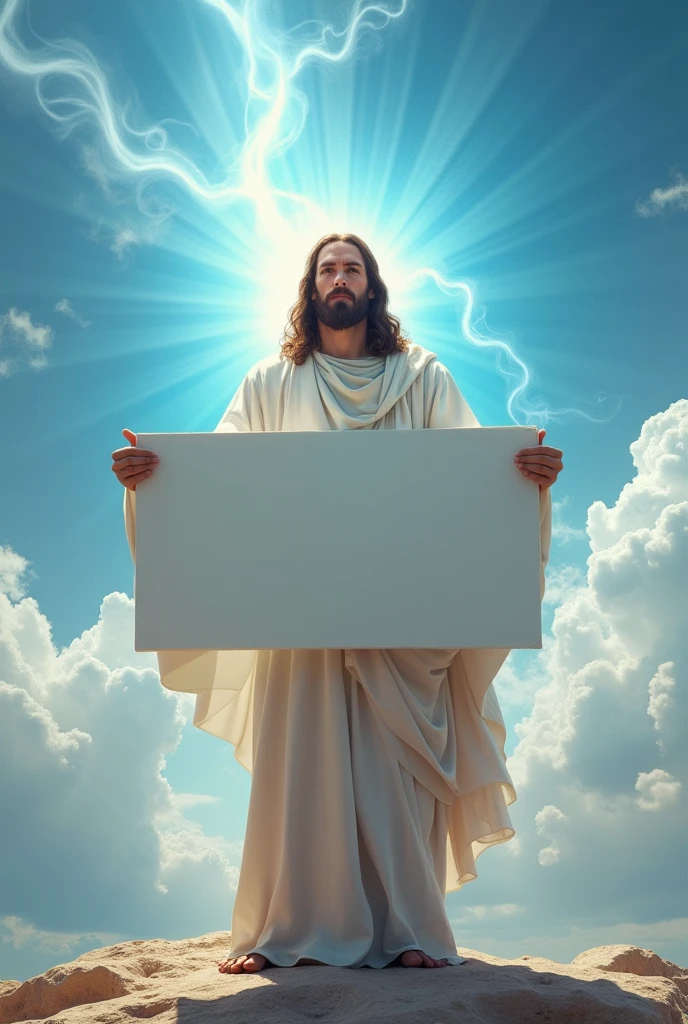 Wonderful Jesus Christ holding a blank sign with a splendid sky in the background