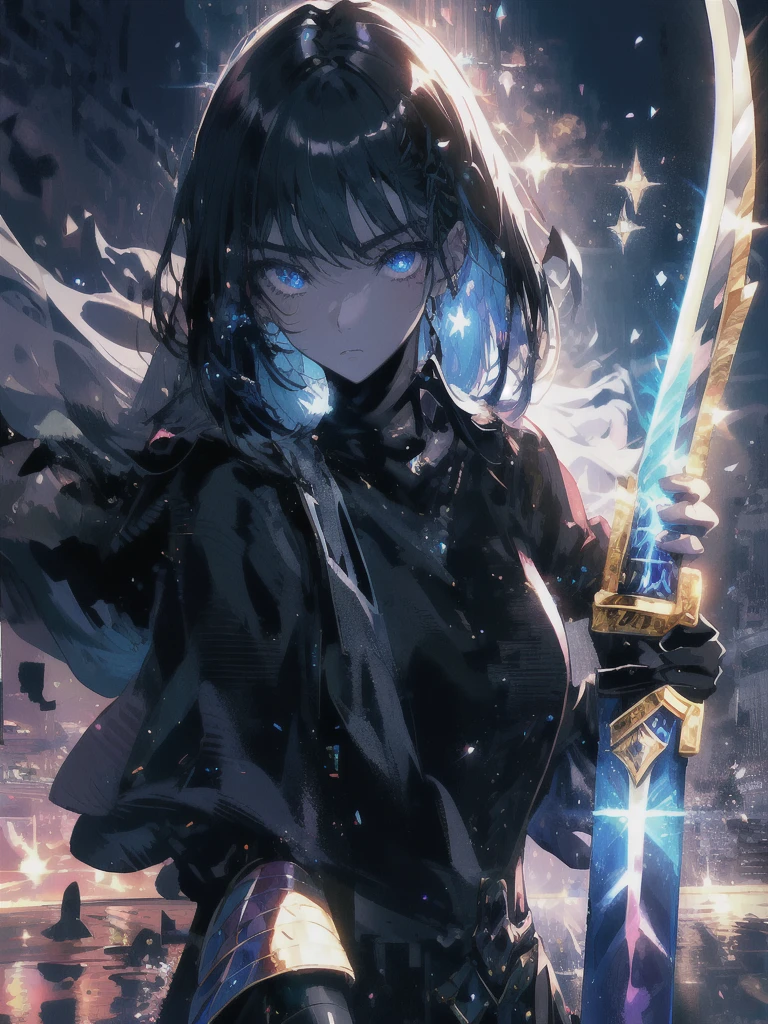 Holding a one-handed sword、Please take the black sword.、((masterpiece, highest quality, Super detailed, High resolution)), alone, beautiful girl, shining eyes, perfect eyes, 15 years old, black white gold theme,