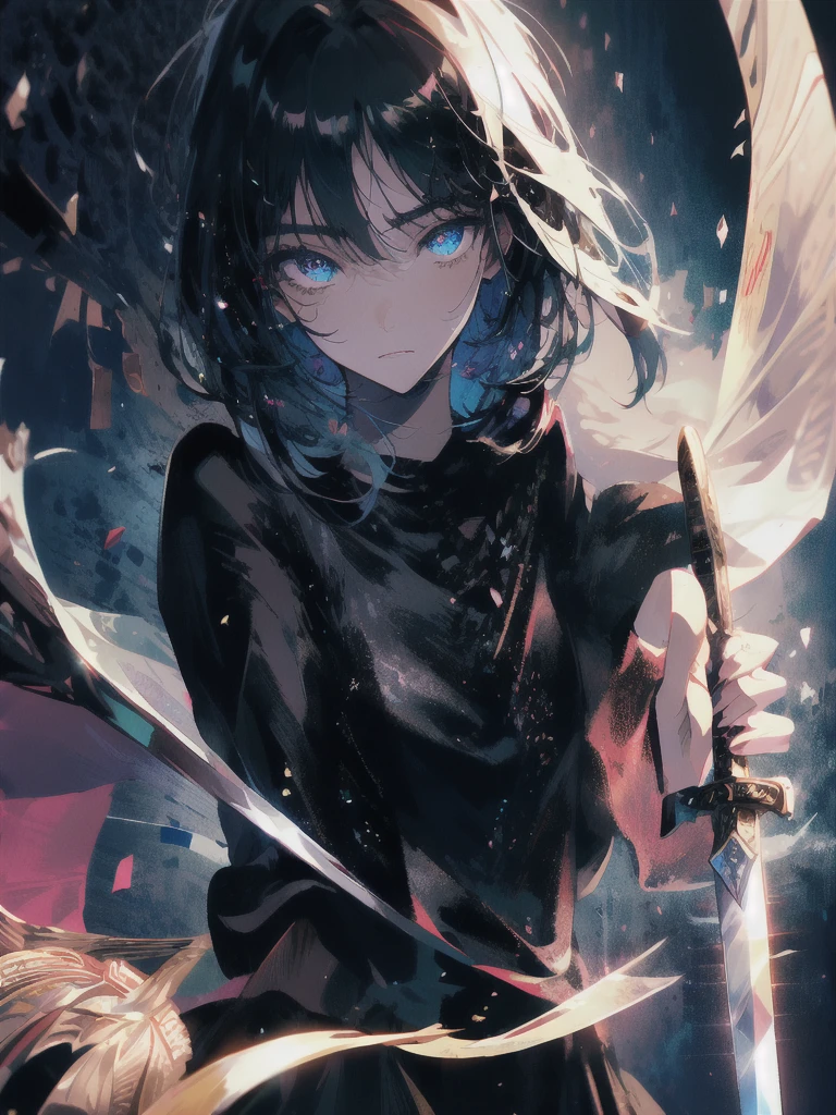Holding a one-handed sword、Please take the black sword.、((masterpiece, highest quality, Super detailed, High resolution)), alone, beautiful girl, shining eyes, perfect eyes, 15 years old, black white gold theme,
