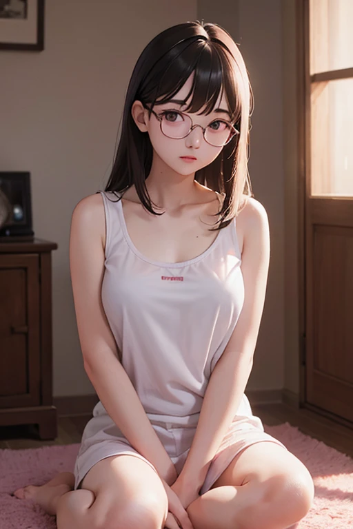 (masterpiece), atmosphere, one girl, 14 year old girl, ((small breasts))), (very short black hair), (round glasses), (pink tank top), realistic face details, 3d face, pretty face, on bed, sunset light, (nipple), thin, from the side, blurry background, hairpin, ((sad expression))