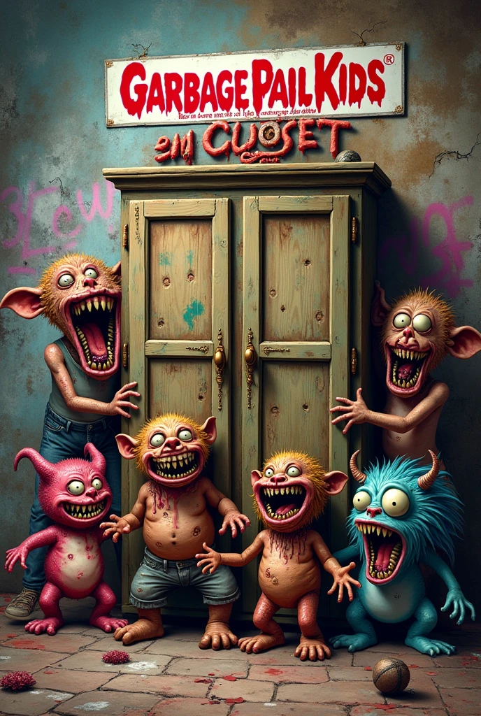 Help me create a group of Garbage Pail Kids-style monsters around a closet., I'd like the image to have a brick wall background with graffiti., Add a cool graffiti logo that says “El Closet De Diego”  
 Illuminate and add appropriate shadows. 