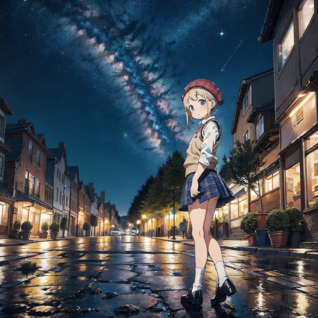 cute、daily、White Shirt、Sweater vest、skirt(Plaid:1.2)、beret、Starry Sky、on the cobblestone、Night cityscape