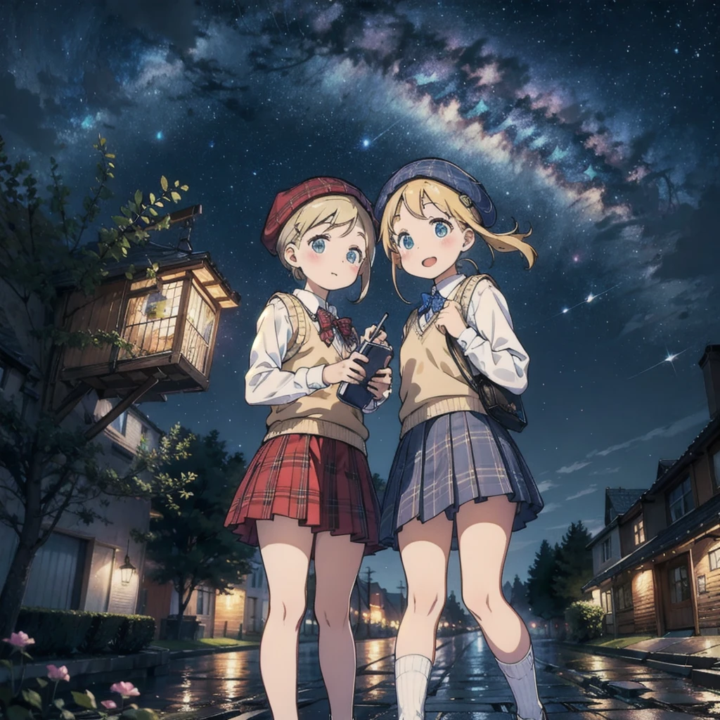 cute、daily、White Shirt、Sweater vest、skirt(Plaid:1.2)、beret、Starry Sky、on the cobblestone、Night cityscape