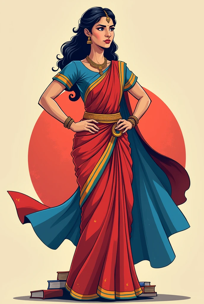 Design a strong female mascot in Indian attire embodying the essence of your college should have
1. Confident posture: Stand tall with a determined expression.
2. Traditional Indian attire: Consider a saree 
3. Symbol of strength: Include elements like a cape or a symbol representing strength.
4. Bold colors: Use vibrant colors to enhance the character's strong presence.
5. Cultural symbols: Incorporate accessories like books, bindi etc
6. College representation: use the colours red, blue and white
7. Dynamic pose: Experiment with poses that exude empowerment and resilience.
8. Expression: Capture a strong and inspiring facial expression to reflect the essence of your college.