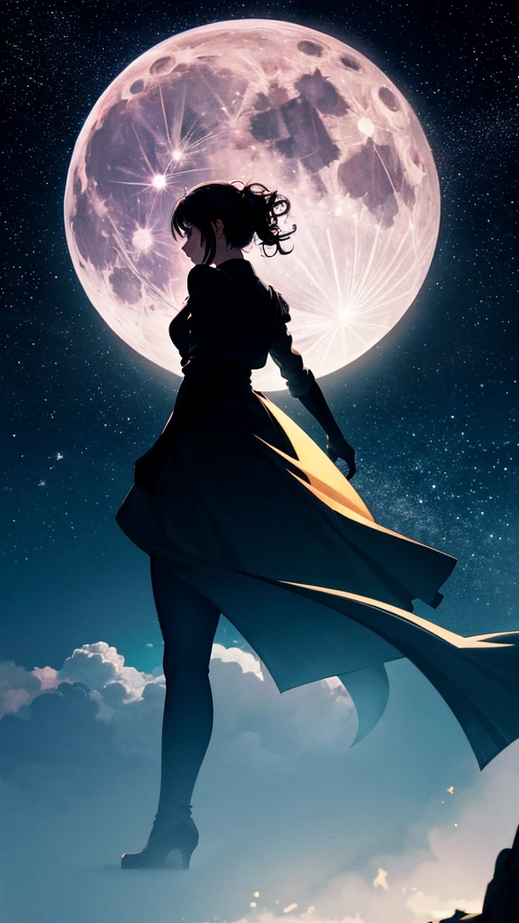 Highest quality,Big moon and shadow,A silhouette of a person can be seen against the backdrop of a large moon.,There is one full moon,There is a mood,Beautiful scenery,Starry Sky