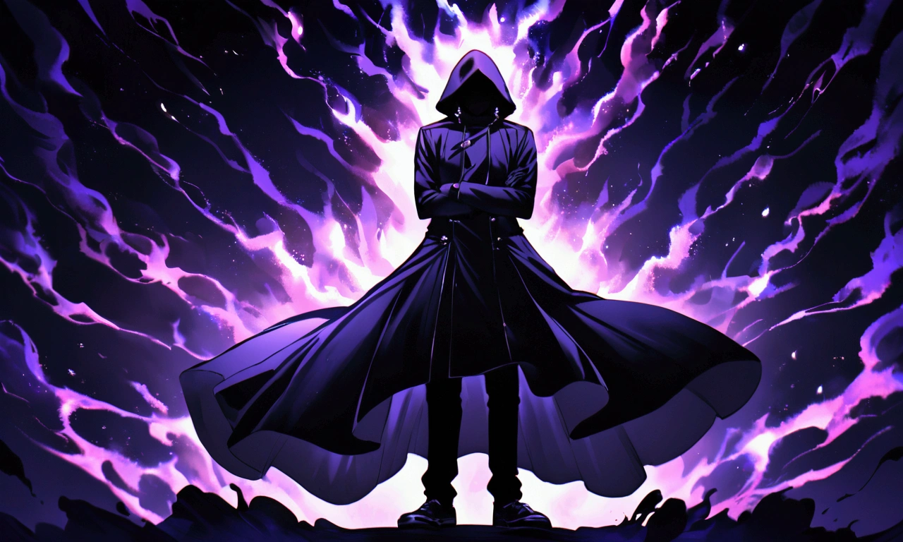 teenage boy, wearing a black overcoat, black gloves, shoes black, face covered with a black hood, dark blue electric aura, crossed arms,