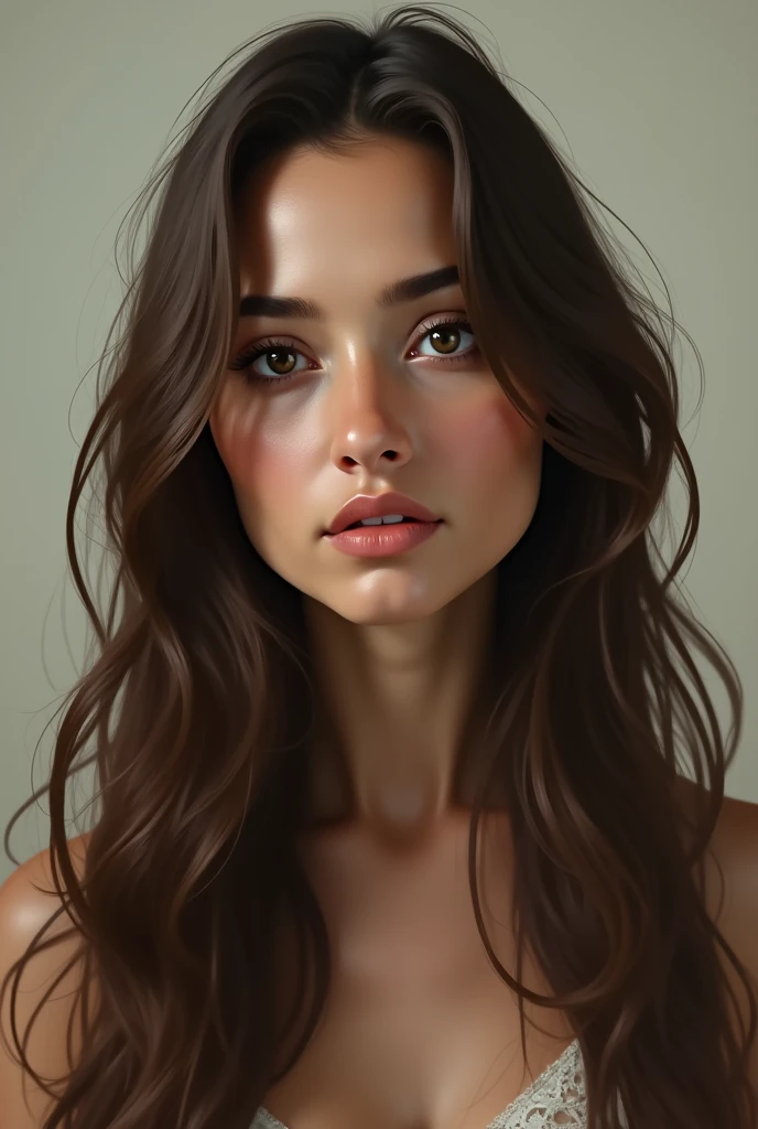 Make a portrait of a tall Colombian woman, with long brown hair, ojerosa, slim
