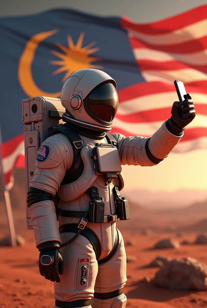 a Malaysia flag on the mars ,Malaysia astronaut taking a selfie,man height body average 45 year old detailed space suit,detailed Malaysia flag,detailed lunar landscape,dramatic lighting,cinematic angle,hyperrealistic,photorealistic,8k,unreal engine,stunning,vibrant colors,dramatic shadows,volumetric lighting,intricate details. 