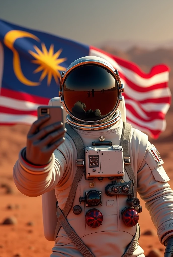 a Malaysia flag on the mars ,Malaysia astronaut taking a selfie,man height body average 45 year old detailed space suit,detailed Malaysia flag,detailed lunar landscape,dramatic lighting,cinematic angle,hyperrealistic,photorealistic,8k,unreal engine,stunning,vibrant colors,dramatic shadows,volumetric lighting,intricate details.