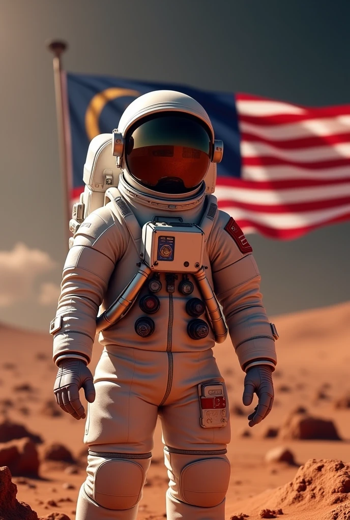 a Malaysia flag on the mars ,Malaysia astronaut taking a selfie,man height body average 45 year old detailed space suit,detailed Malaysia flag,detailed lunar landscape,dramatic lighting,cinematic angle,hyperrealistic,photorealistic,8k,unreal engine,stunning,vibrant colors,dramatic shadows,volumetric lighting,intricate details.