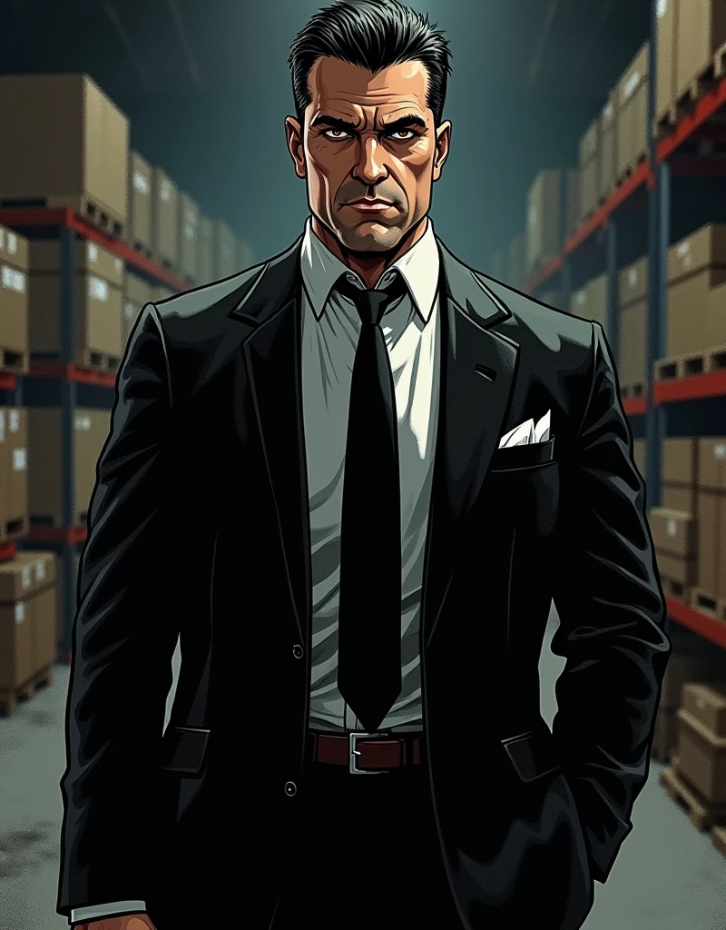 American comic book style, old caucasian man, 50s, short black slick back hair, triangular face, mean face, black eyes, piercing gaze, long nose, small mouth thin lips, clean shaven, endomorph body type in shape, tall, (wearing a normal traditional black suit with a normal black tie), ((full body photograph)), in a warehouse, comic book drawing, Comics Americans, vignetting, vanishing point, wide shot, UHD, masterpiece, accurate, anatomically correct, textured skin, super detail, high details, high quality, award winning, best quality, highres
