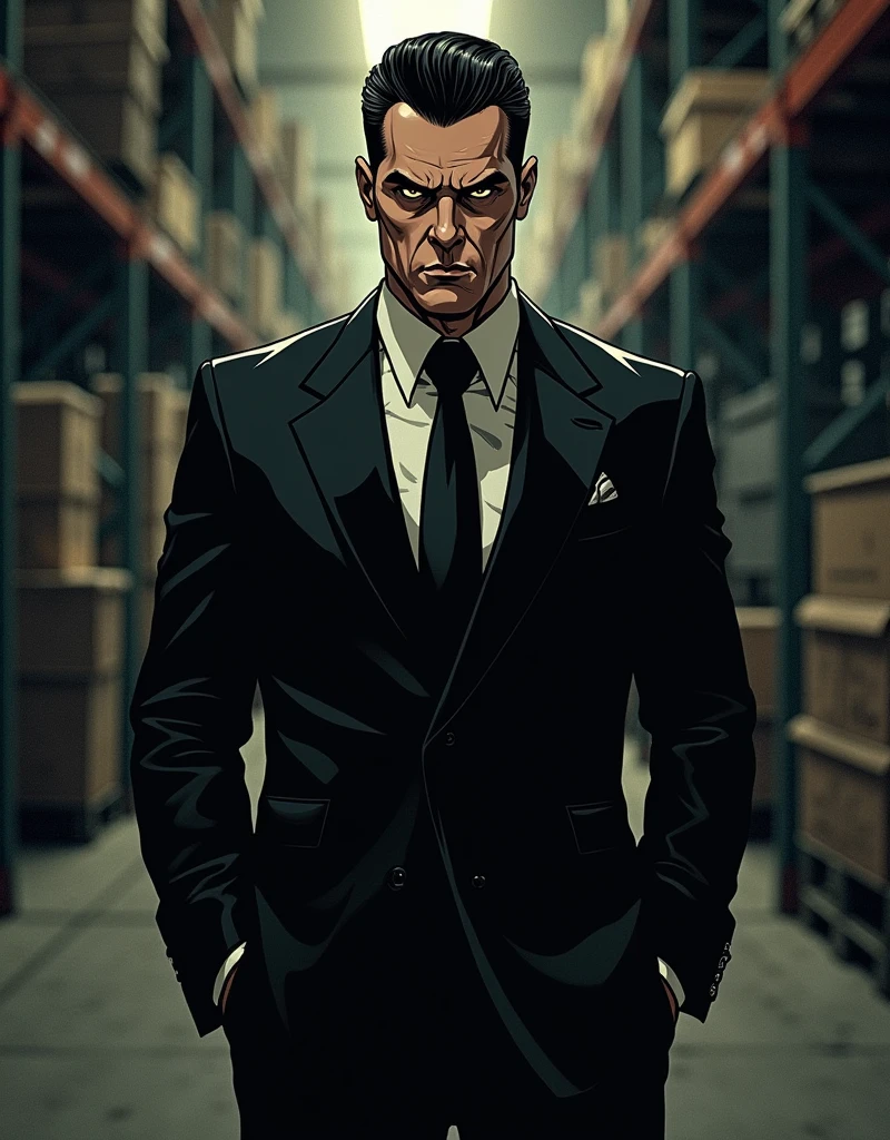 American comic book style, old caucasian man, 50s, short black slick back hair, triangular face, mean face, black eyes, piercing gaze, long nose, small mouth thin lips, clean shaven, endomorph body type in shape, tall, (wearing a normal traditional black suit with a normal black tie), ((full body photograph)), in a warehouse, comic book drawing, Comics Americans, vignetting, vanishing point, wide shot, UHD, masterpiece, accurate, anatomically correct, textured skin, super detail, high details, high quality, award winning, best quality, highres