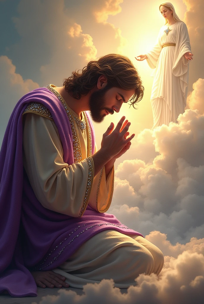 (photorealism:1.2), handsome and hunk Jesus Christ, kneel and kissing the foot of virgin Mary floating from the heaven that sorrounded of many clouds, wearing and cover his body of the elegant purple gown of the king sorrounded of many diamonds with light in his head and heart spreading all over, the eyes is close while praying, real five finger, real feet, real beautiful hair, real image, heaven outdoors, bright lighting, clouds in background, beautiful light, real heaven and clouds, relaxed pose, realistic, intricate details, bright colors,