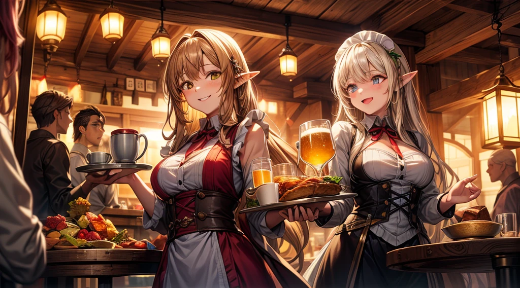 An illustrated scene set in a lively fantasy tavern at twilight. The focus is on a cheerful elf waitress, a young woman with long flowing hair and pointed ears, wearing a traditional tavern outfit. She is smiling warmly as she carries a large tray of mugs filled with beer, distributing them to a diverse group of patrons gathered around a round wooden table. The background shows a bustling tavern filled with various races, including humans, dwarves, and elves, all engaged in lively conversation. The setting is cozy, with a warm glow from lanterns and a large hearth, casting a soft, inviting light. The overall mood is vibrant yet warm, with a mix of soft browns, golds, and oranges to reflect the twilight hour.