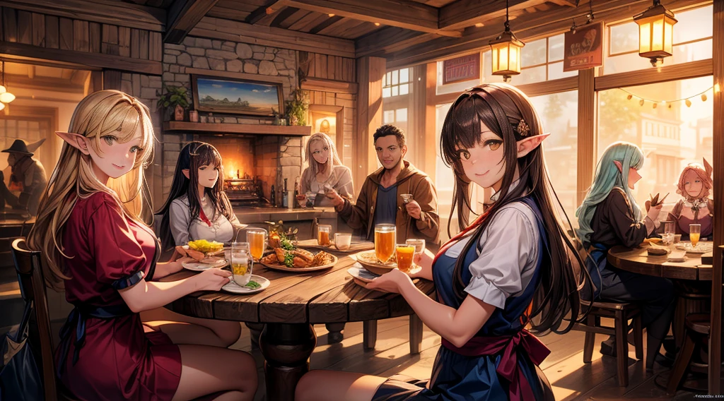 An illustrated scene set in a lively fantasy tavern at twilight. The focus is on a cheerful elf waitress, a young woman with long flowing hair and pointed ears, wearing a traditional tavern outfit. She is smiling warmly as she carries a large tray of mugs filled with beer, distributing them to a diverse group of patrons gathered around a round wooden table. The background shows a bustling tavern filled with various races, including humans, dwarves, and elves, all engaged in lively conversation. The setting is cozy, with a warm glow from lanterns and a large hearth, casting a soft, inviting light. The overall mood is vibrant yet warm, with a mix of soft browns, golds, and oranges to reflect the twilight hour.