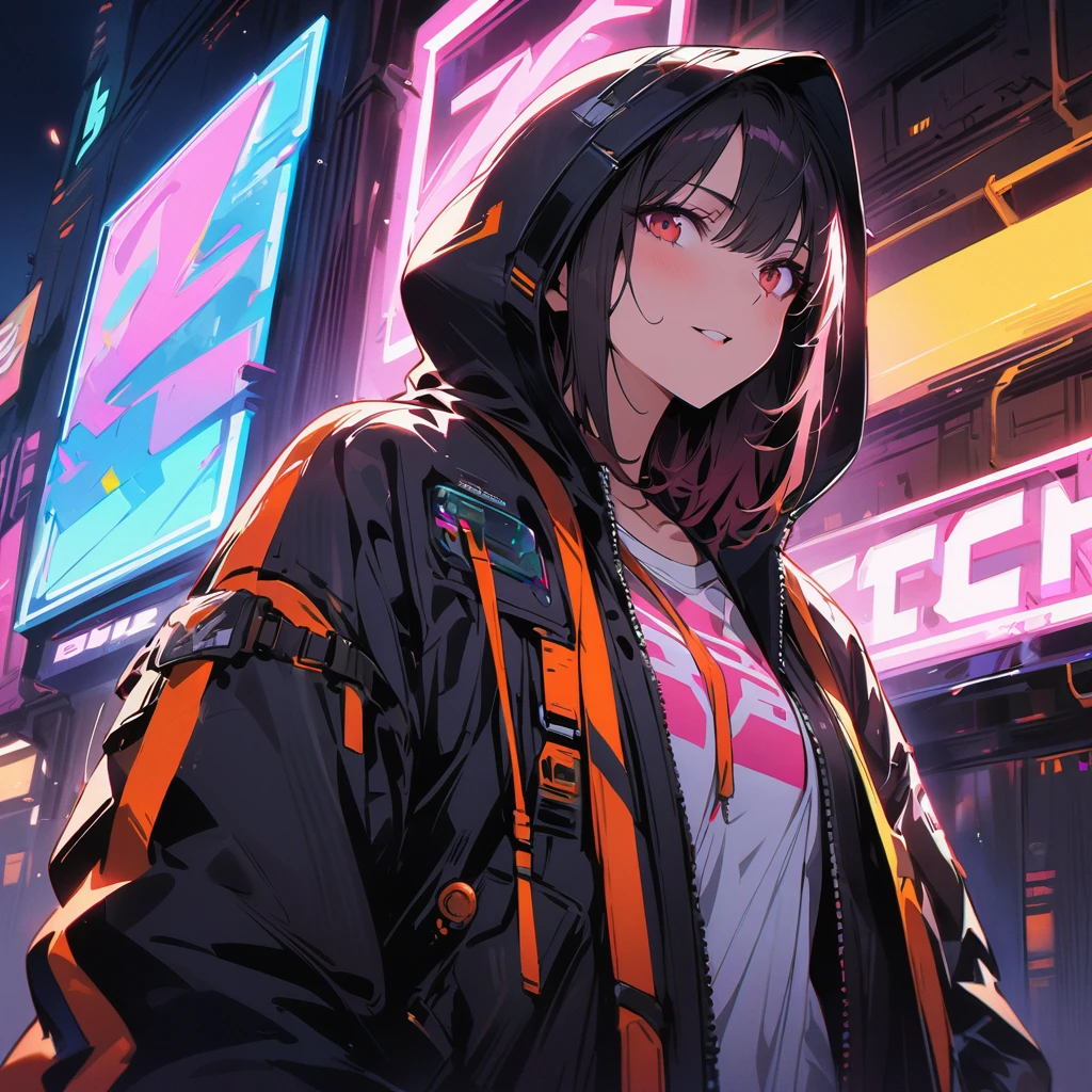 masterpiece, High resolution, Anatomically correct, detail, 1girl , cyberpunk style, hood, neon lights, high-tech clothing,