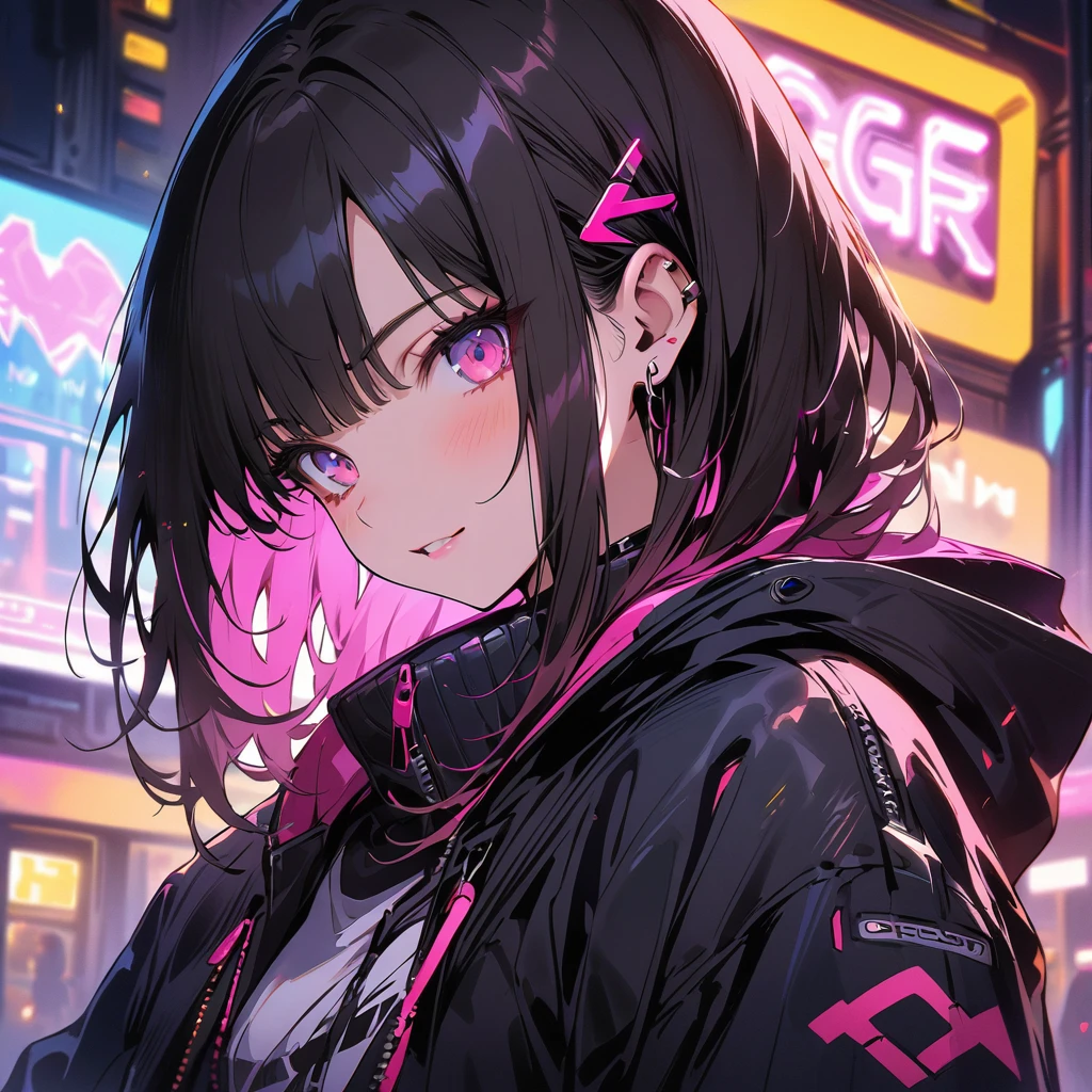 masterpiece, High resolution, Anatomically correct, detail, 1girl , cyberpunk style, hood, neon lights, high-tech clothing,