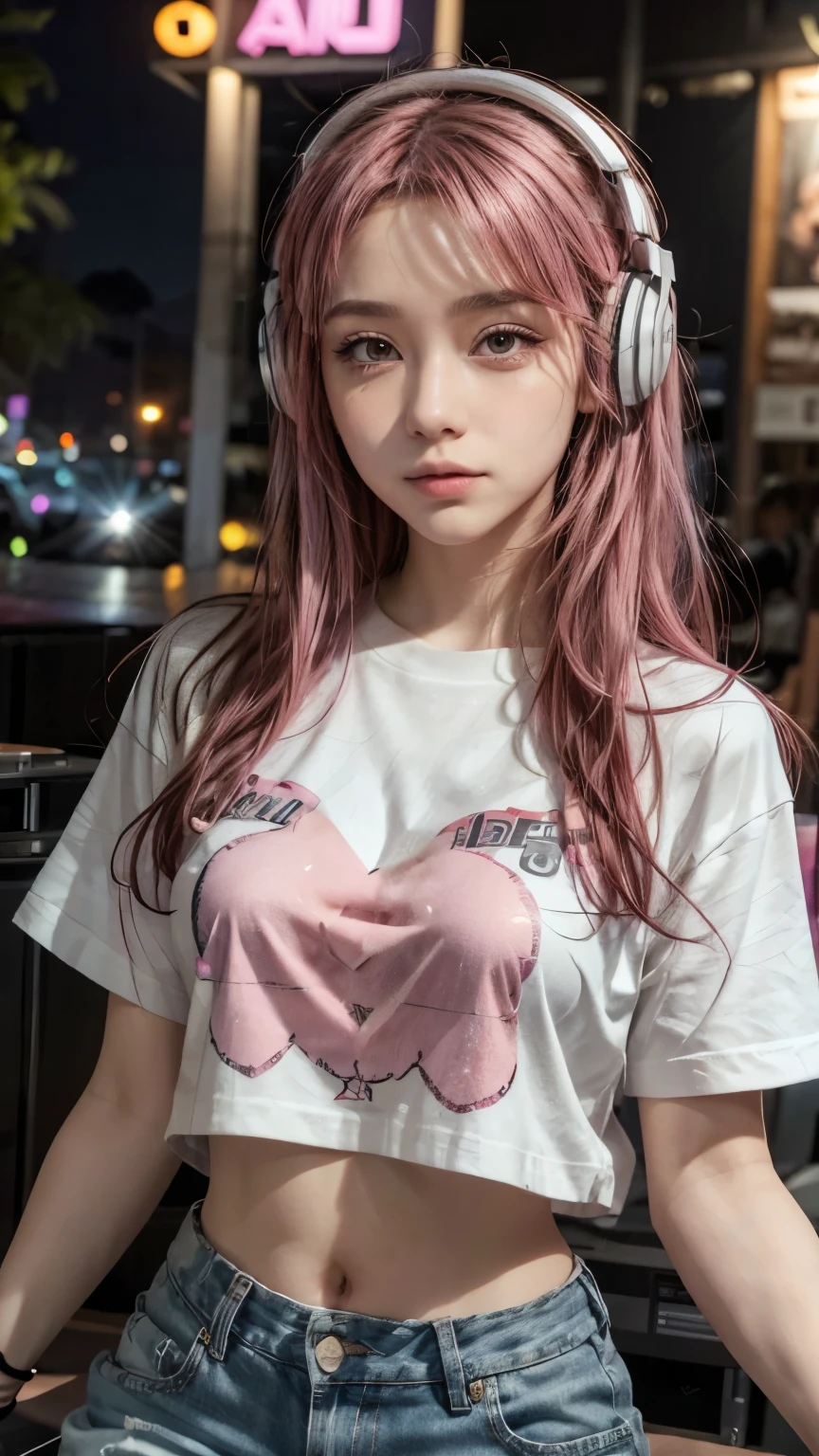 Pink Hair, Paper by Morena Clara, Female DJ,With gal make-up, DJ Turntable,Tight T-shirt,Denim pants,Put on headphones,Upper Body