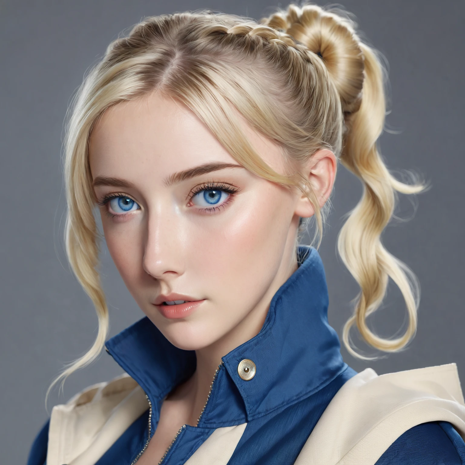 A blonde with blue eyes wearing a blue jacket,short hair ,Bun Hair , Realistic Skin,Beautiful Hair , cute, Beautiful Eyes,Realistic eyes , , , Blonde, , , 