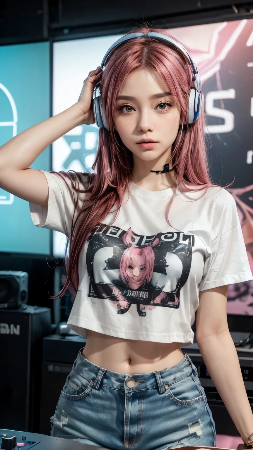 Pink Hair, Paper by Morena Clara, Female DJ,With gal make-up, DJ Turntable,Tight T-shirt,Denim pants,Put on headphones,Upper Body