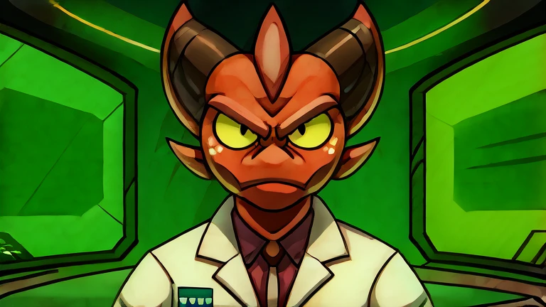 (masterpiece, best quality:1.2), Imp, angry serious face, wearing scientist clothes, futuristic laboratory background