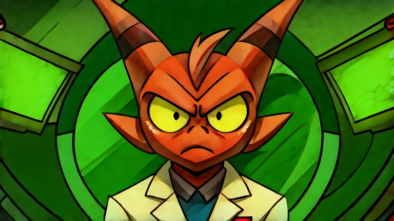 (masterpiece, best quality:1.2), Imp, angry serious face, wearing scientist clothes, futuristic laboratory background